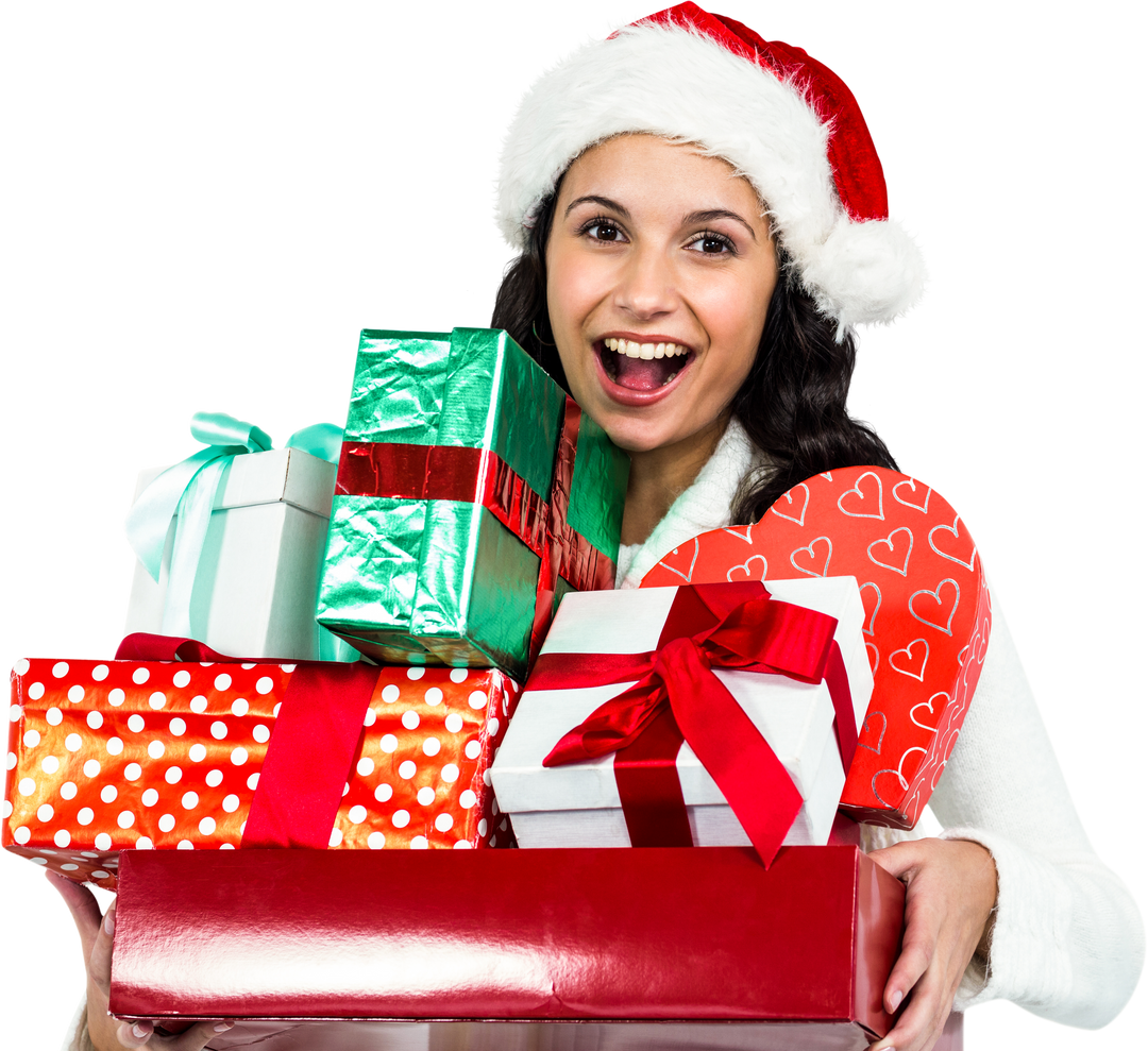 Smiling Woman in Santa Hat Holding Pile of Festive Christmas Gifts Transparent - Download Free Stock Images Pikwizard.com