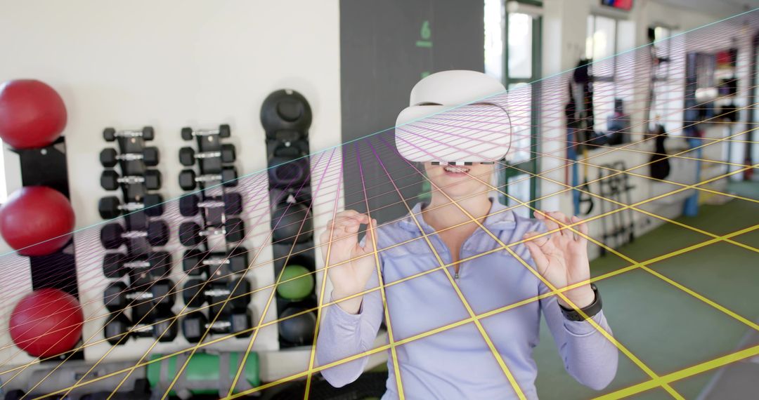 Woman Using VR Headset for Interactive Gym Workout with Virtual Grid Augmented Overlay
