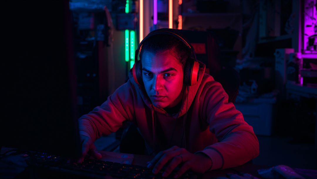 Intense Gamer Immersed in Video Game with Neon Glow
