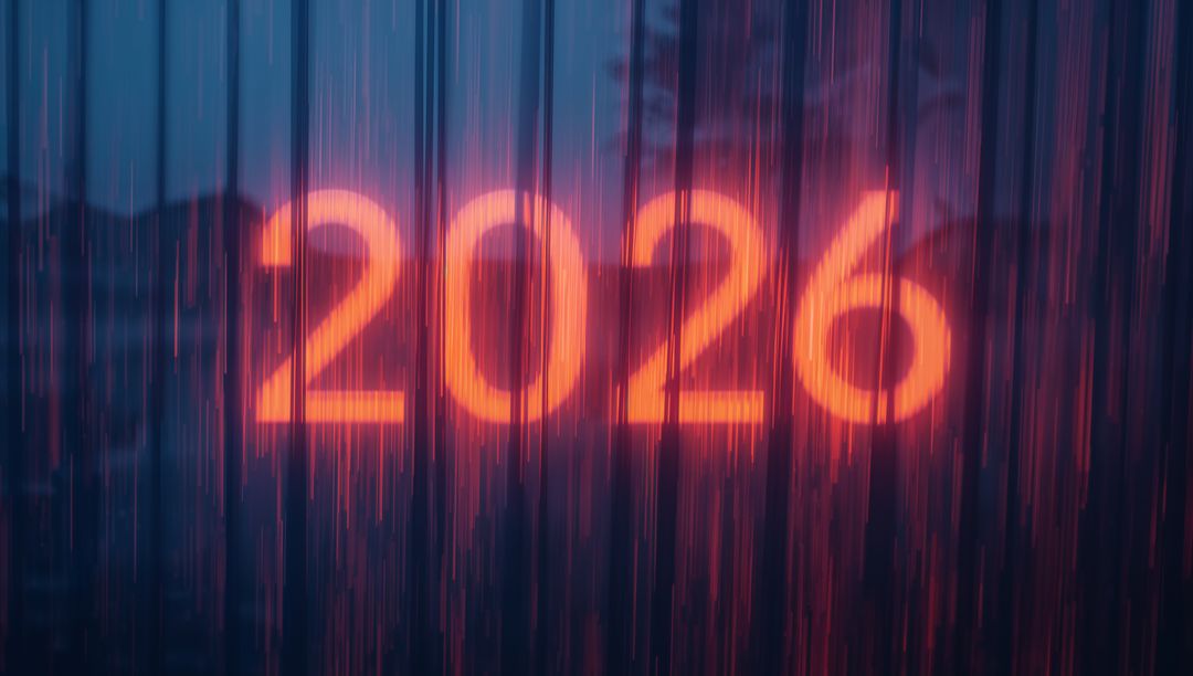 Glowing 2026 neon numerals casting vertical rain reflections over moody urban nightscape