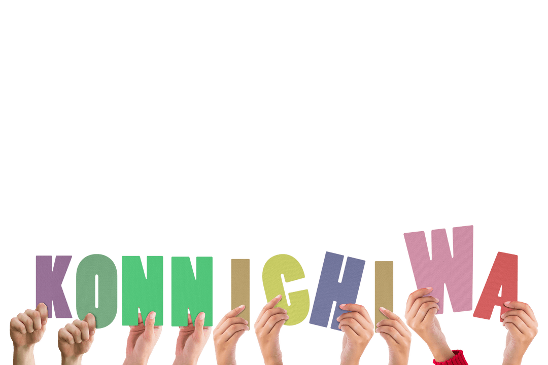 Diverse Hands Holding Colorful Konnichiwa Text with Transparent Background