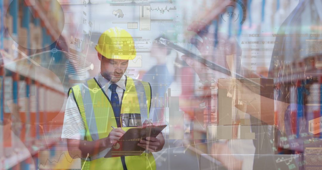 Warehouse Supervisor Analyzing Inventory with Data Overlay