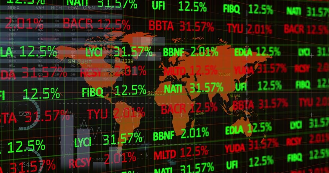 World Financial Data Overlay on Global Map Displaying Stock Market Trends