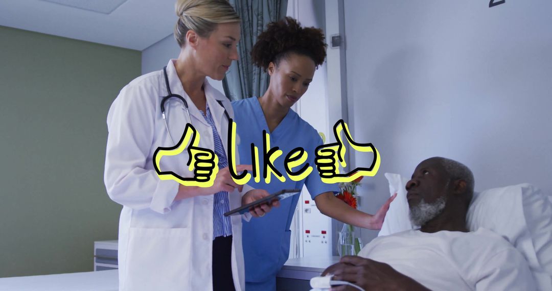 Doctors Collaborate While Attending to Hospitalized Patient with Like Overlay