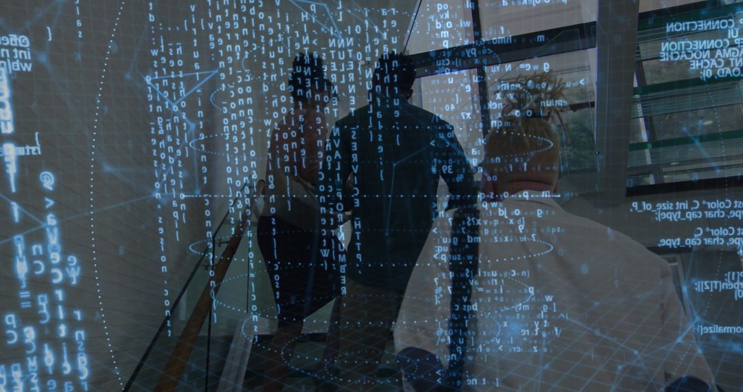 Business Professionals with Digital Data Overlay in Futuristic Office