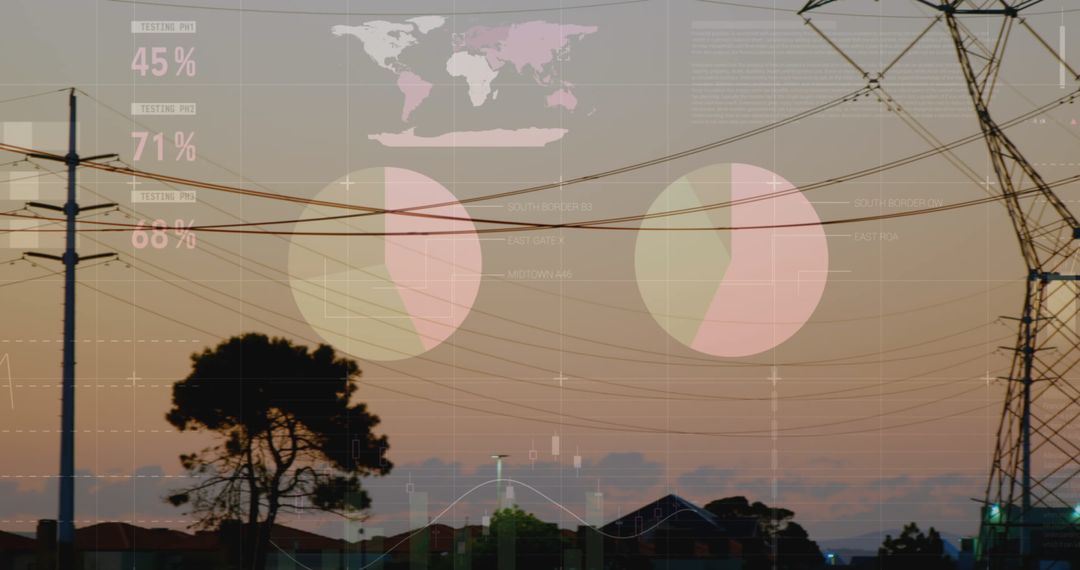 Financial Data Overlay on Electricity Poles at Sunset