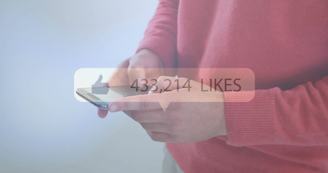 Person Using Smartphone with Overlay of Growing Likes Count
