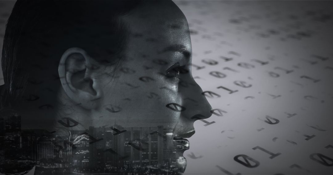 Double Exposure of Woman with Digital Data Overlay