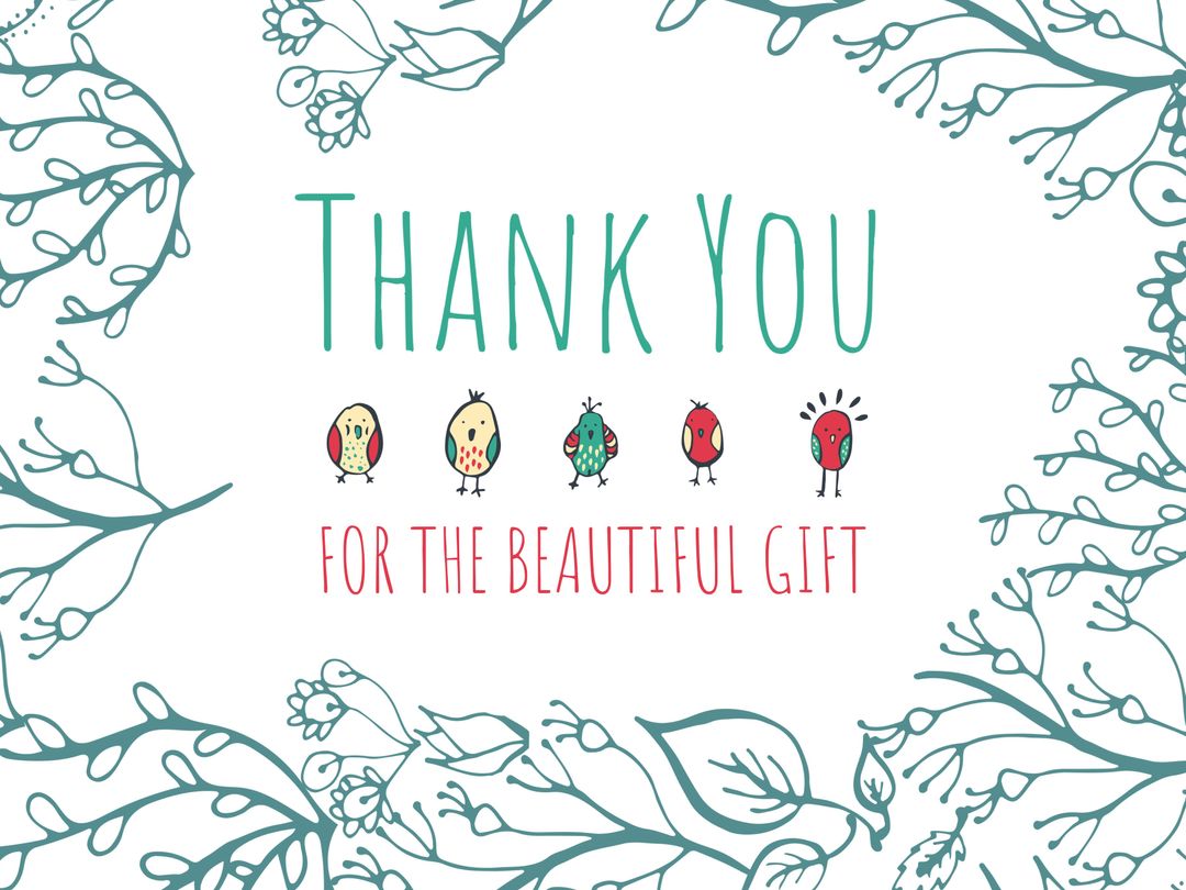 Whimsical Thank You Card with Playful Birds and Floral Design