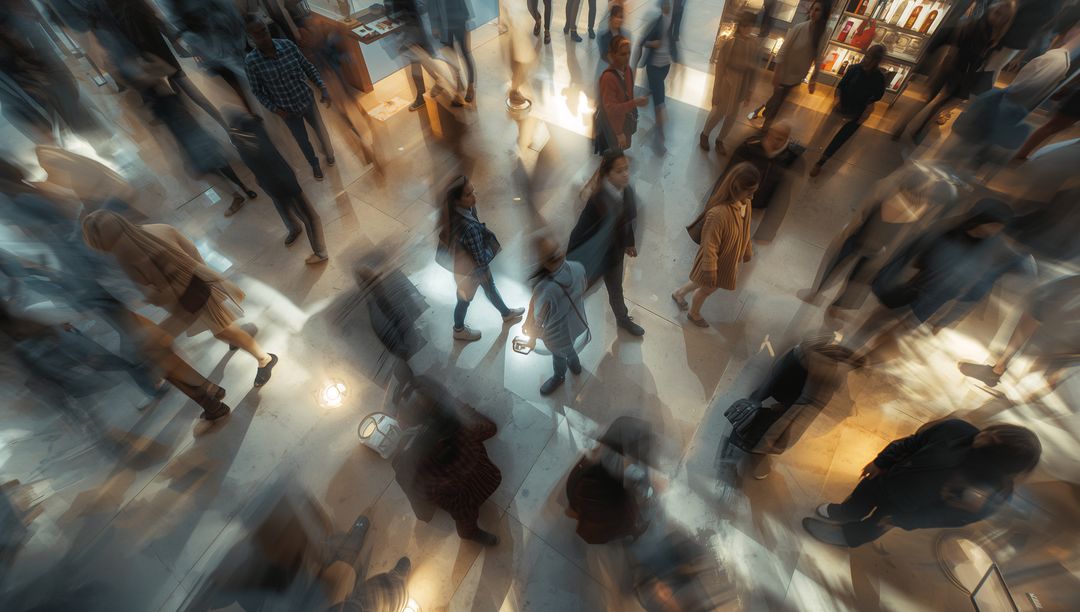 Overhead blurred motion of pedestrians flowing through busy urban transit concourse and mall atrium
