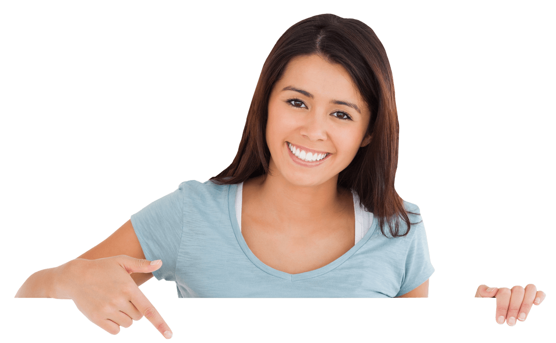 Smiling Brunette Woman Pointing Blank Transparent Card Confident Gesture