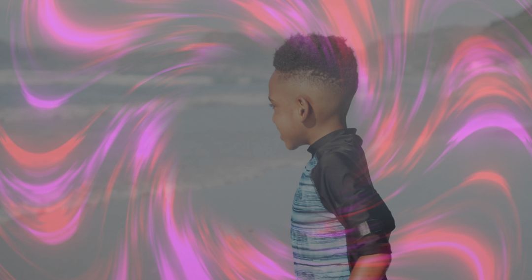 Young Boy Surrounded by Dynamic Swirling Trails Symbolizing Energy