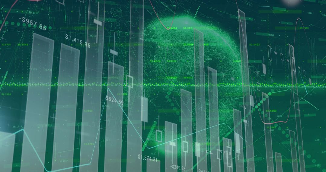 Futuristic Data Visualization with Financial Charts and Digital Sphere