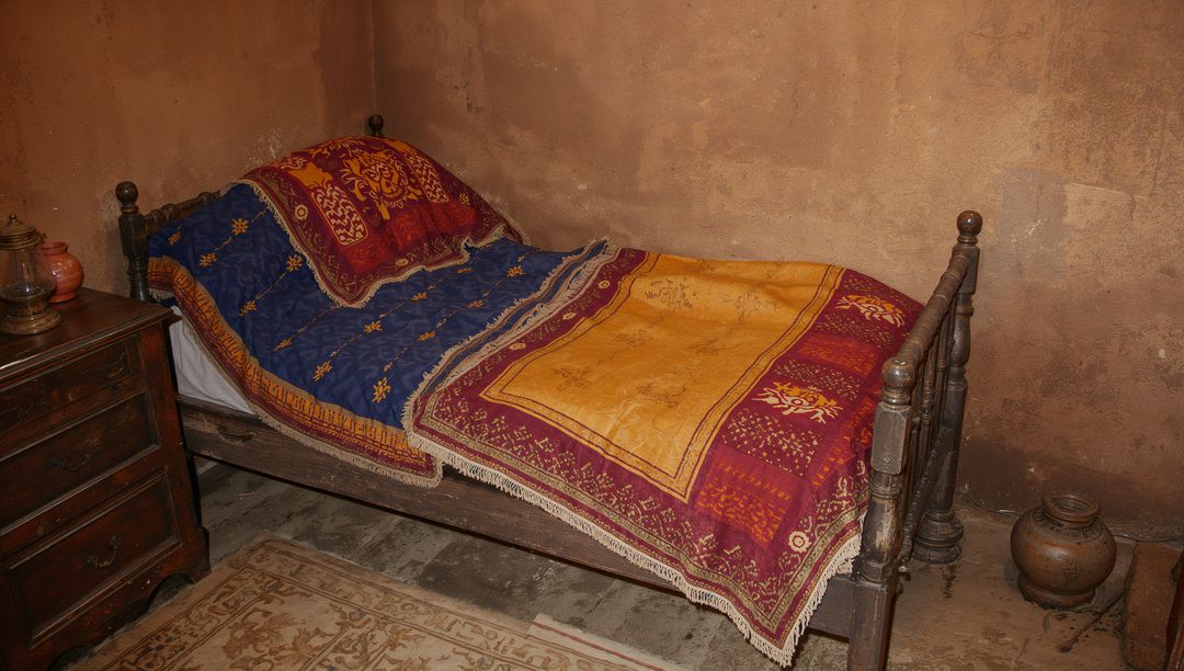 Rustic single wooden bed with turned posts, vibrant woven bedcover and earthenware jar