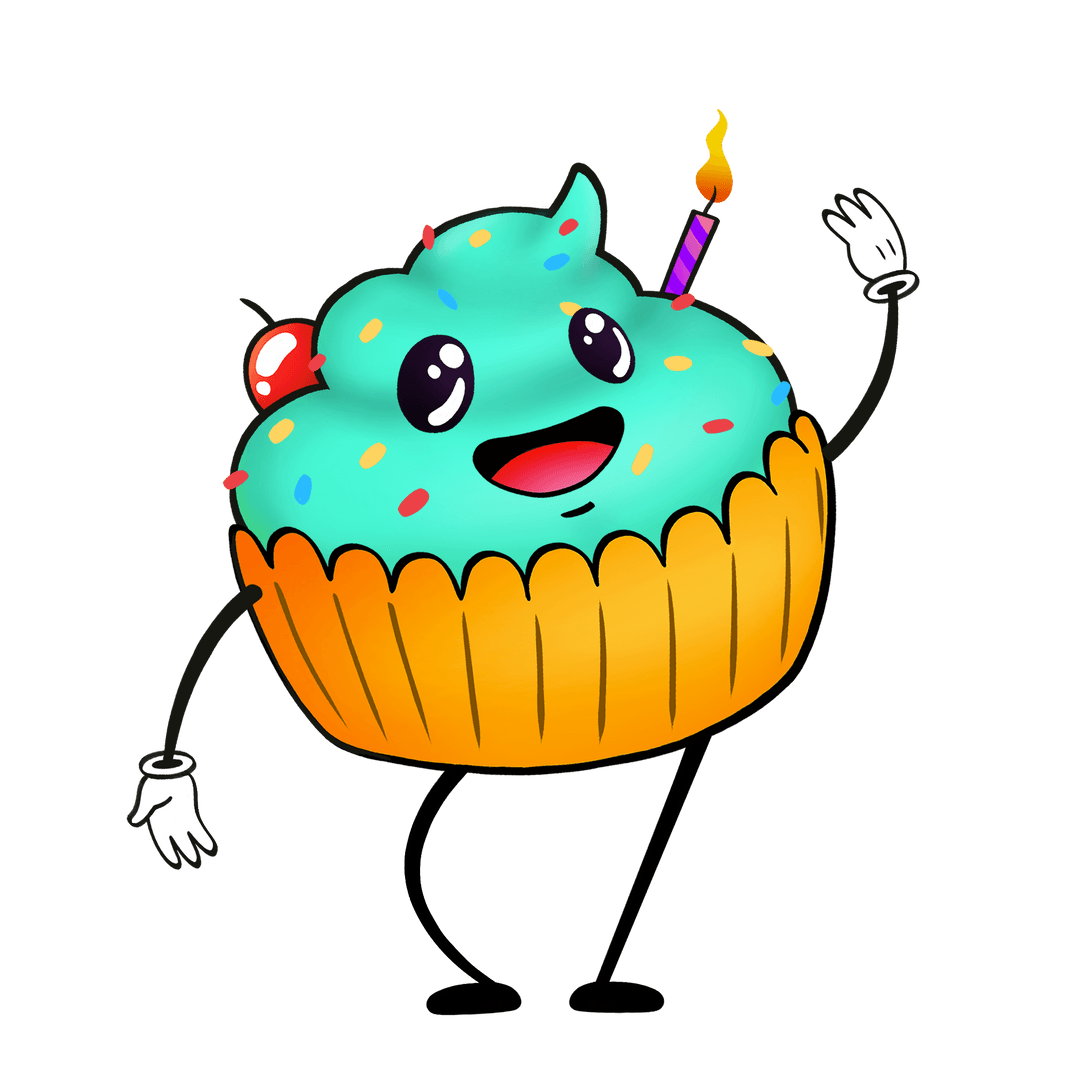 Whimsical Smiling Cupcake with Sprinkles and Candle on Transparent Background