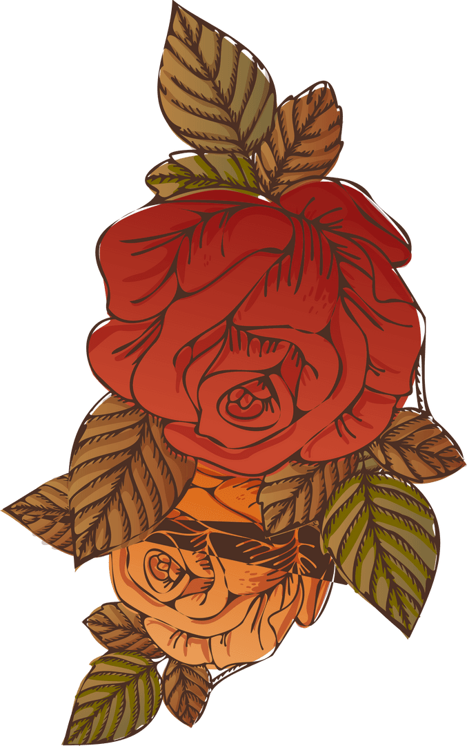 Elegant Dual Roses with Leaves on Transparent Background