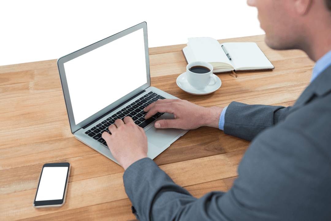 Transparent Focused Businessman Using Laptop in Modern Office