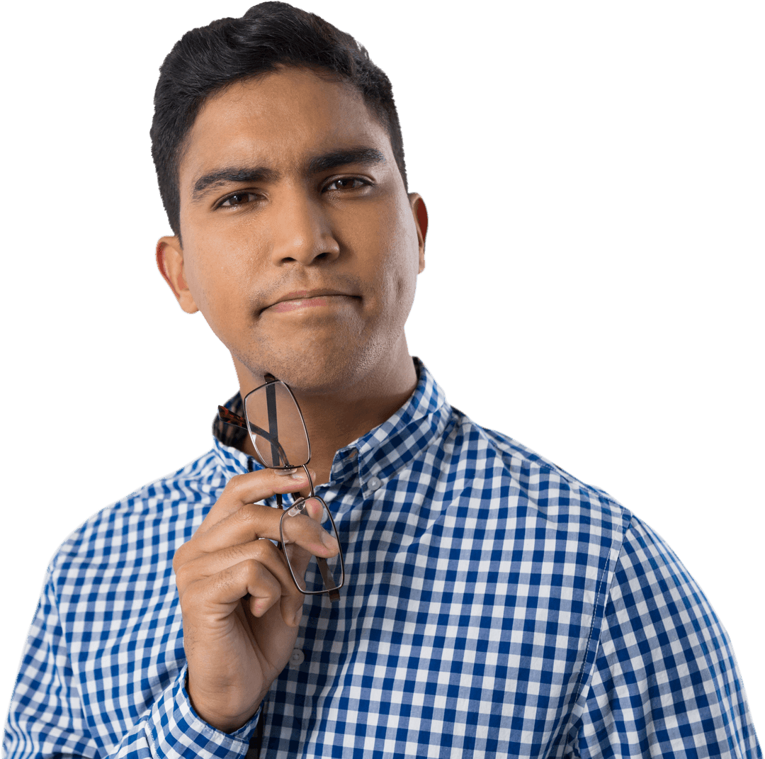 Man Holding Eyeglasses with Thoughtful Expression on Transparent Background