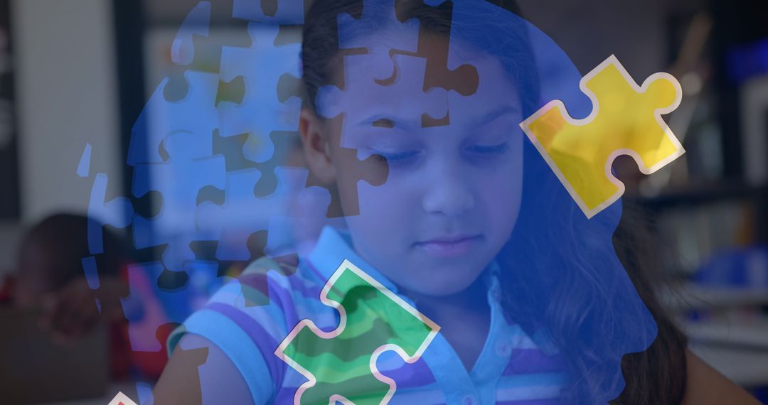 Young Girl Using Tablet with Puzzle Overlay Celebrating Autism Awareness