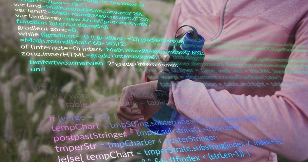 Data Overlaid on Woman Using Smartwatch During Jog