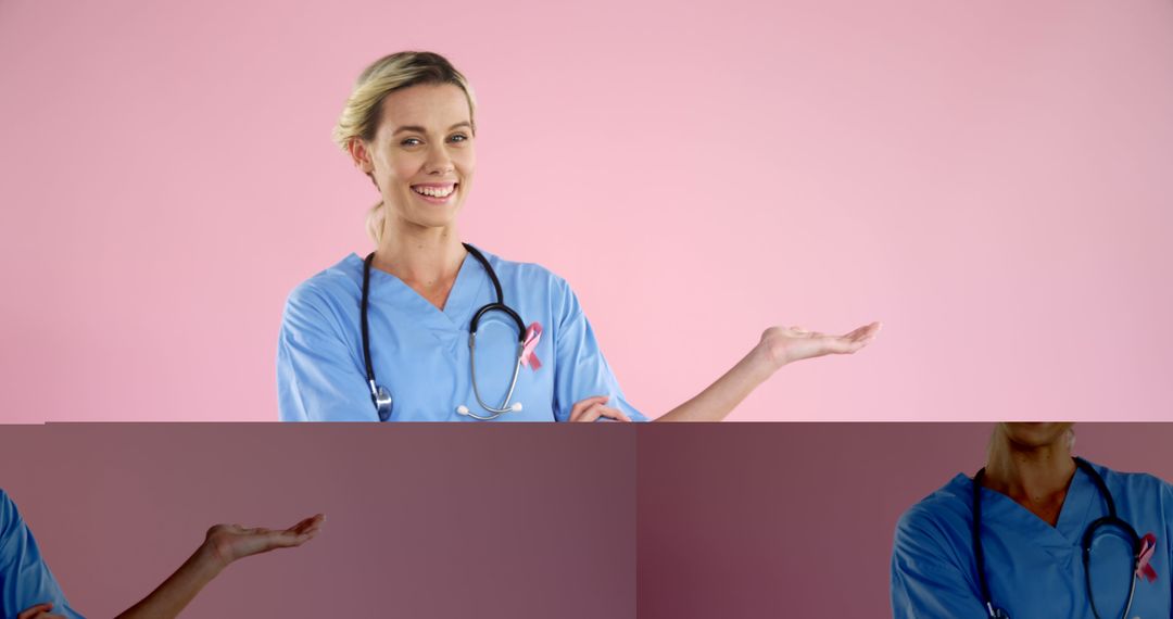 Smiling Nurse in Blue Scrubs with Breast Cancer Awareness Ribbon - Free Images, Stock Photos and Pictures on Pikwizard.com