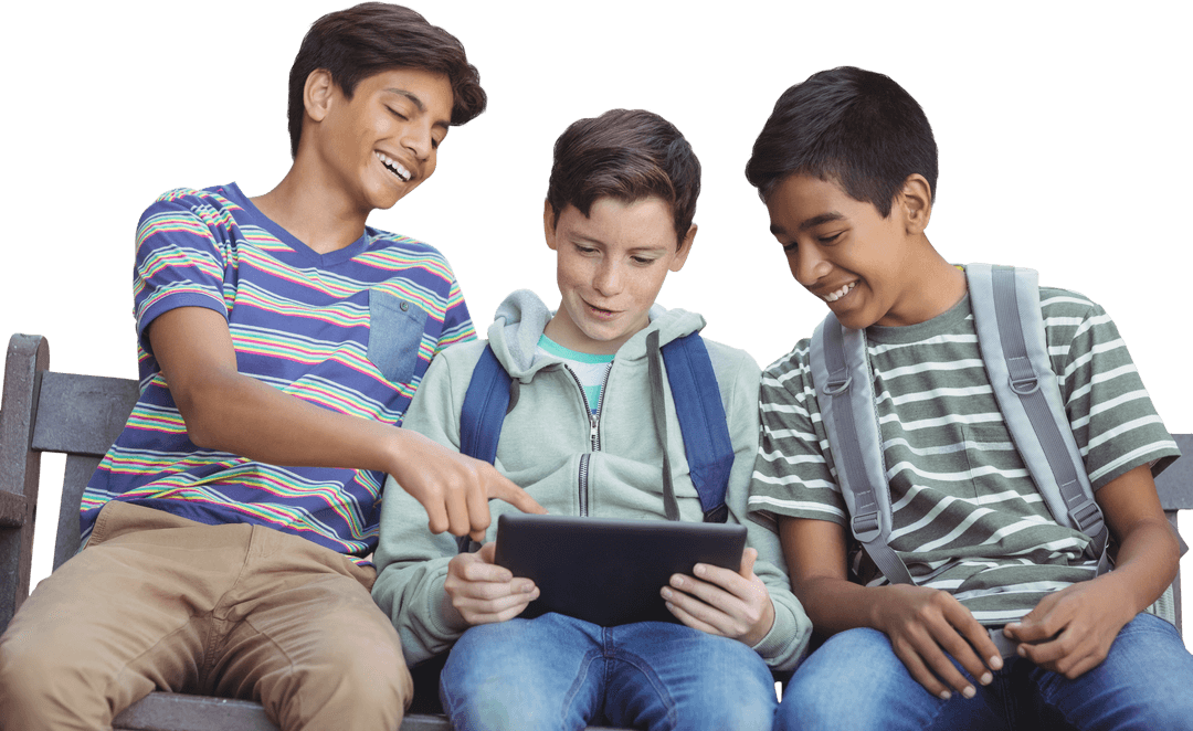 Transparent Background: Boys Diverse Friends Sharing Tablet