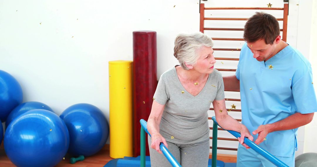 Senior woman practicing gait on parallel bars with therapist guiding mobility and balance