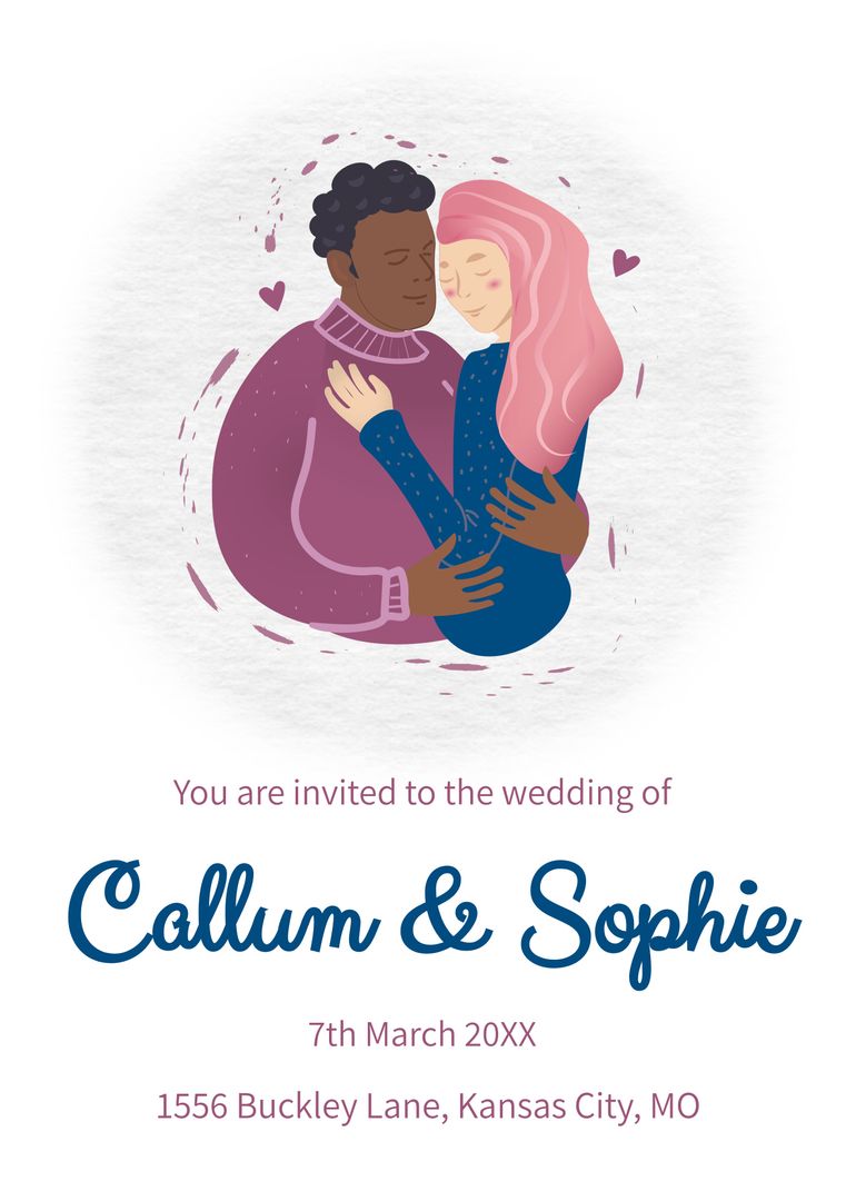 Illustration of Interracial Couple Embracing on Wedding Invitation - Download Free Stock Templates Pikwizard.com