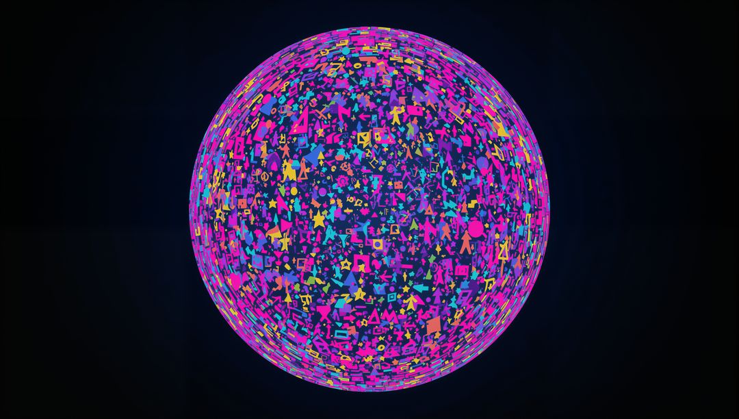 Glowing Neon Icon Sphere Visualizing Digital Network, Data Flow and Tech Connectivity