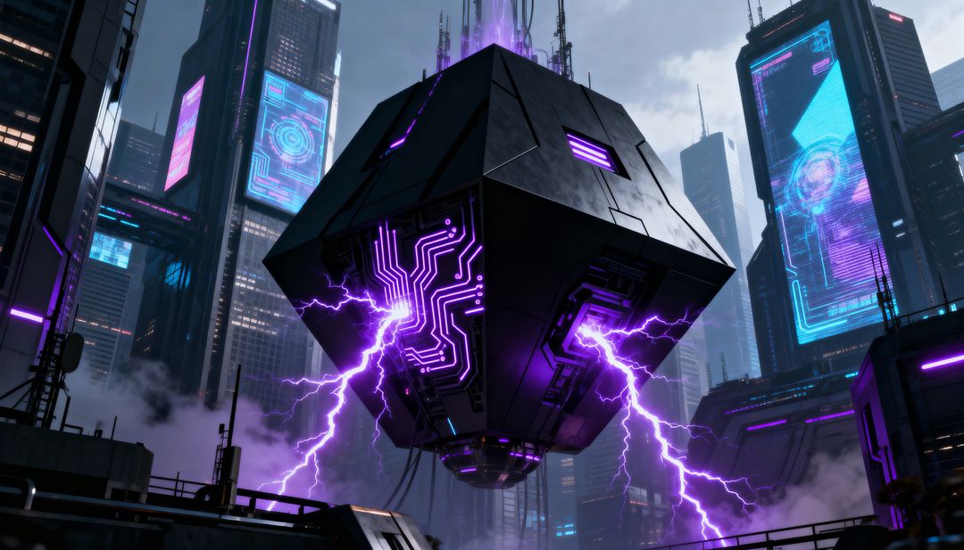 Floating Cyberpunk Power Core Emitting Violet Lightning Over Neon Metropolis Skyline