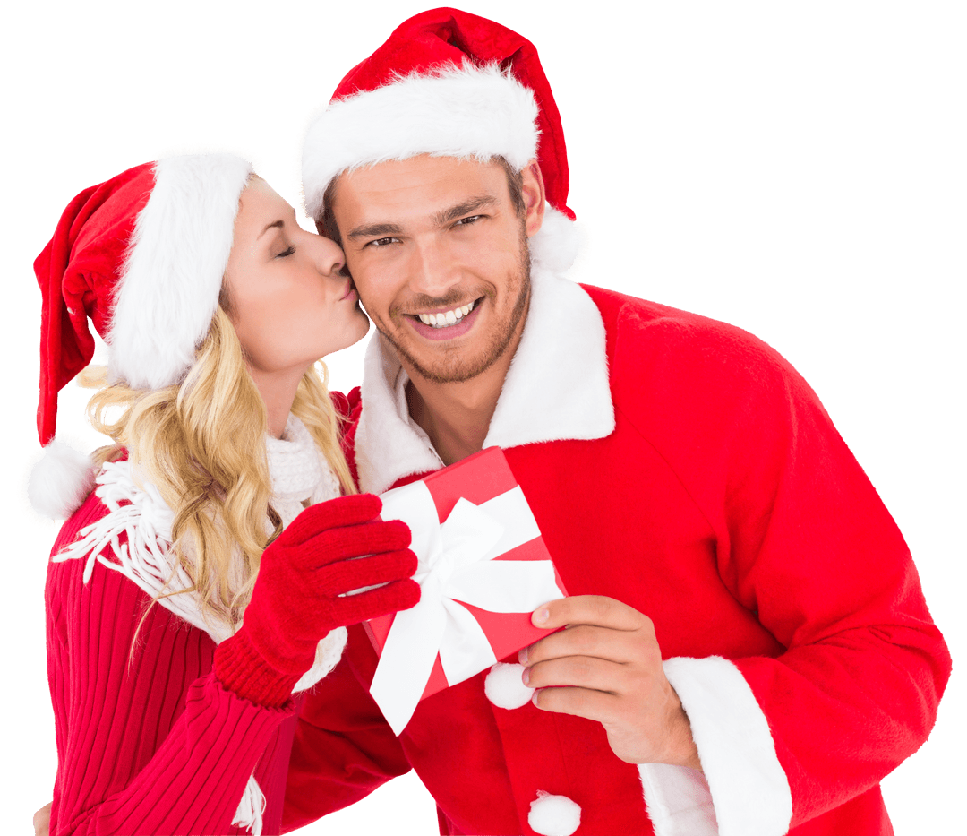 Festive Christmas Couple Sharing Gift on Transparent Background