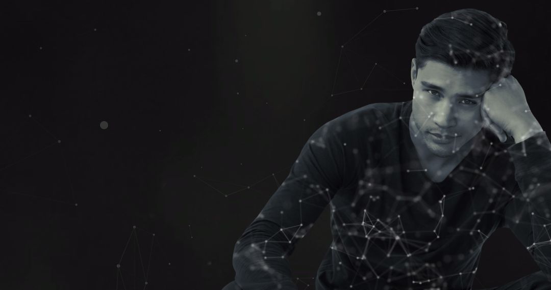 Pensive Man Surrounded by Futuristic Digital Networks