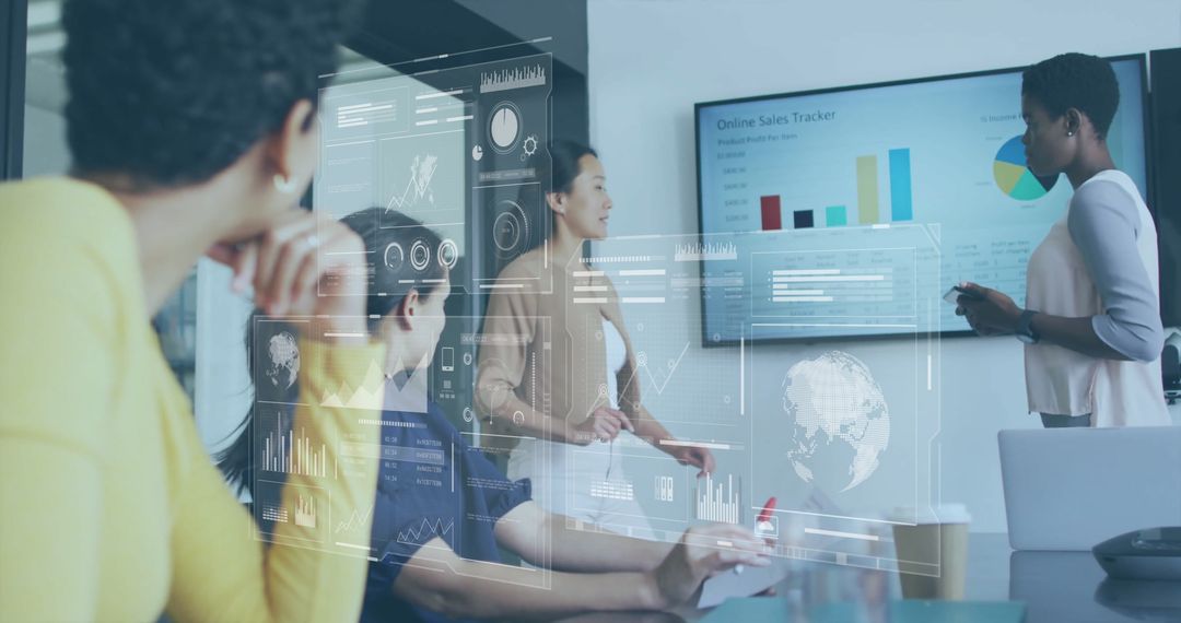 Diverse Team Collaborating on Business Analytics Presentation