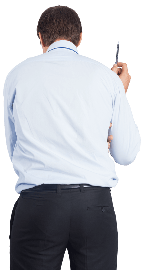 Transparent View of Caucasian Businessman Holding Pen for Planning