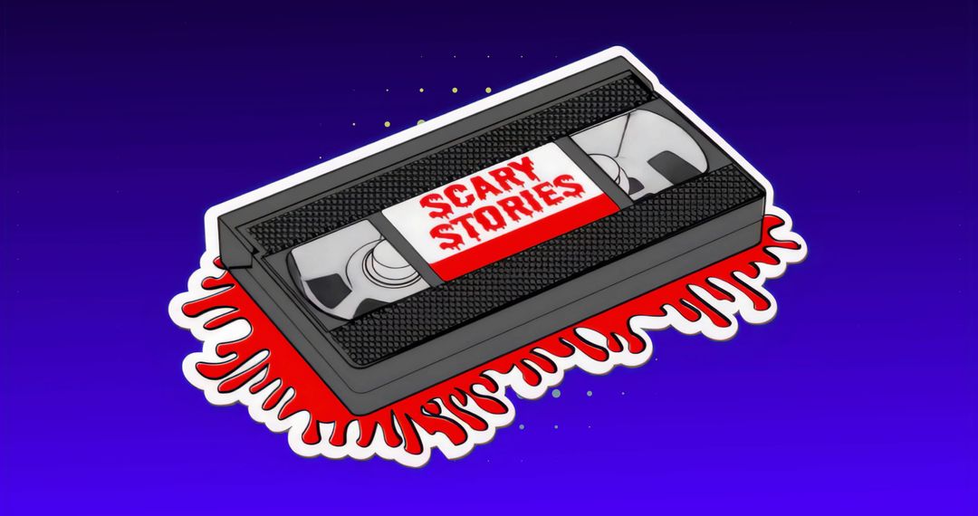 Bleeding VHS cassette labeled Scary Stories floating on purple to blue gradient