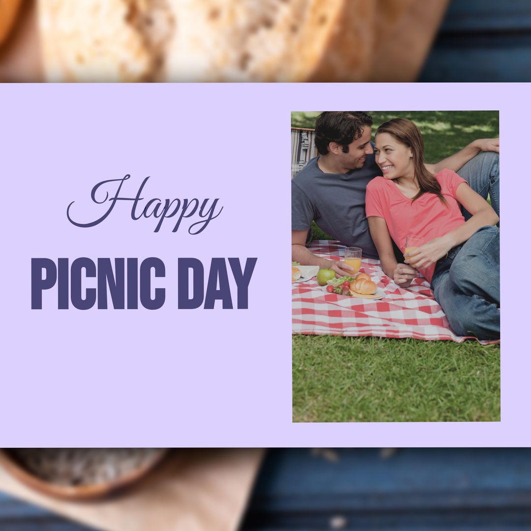 Joyful Couple Relaxing at Picnic Outdoors with Happy Message