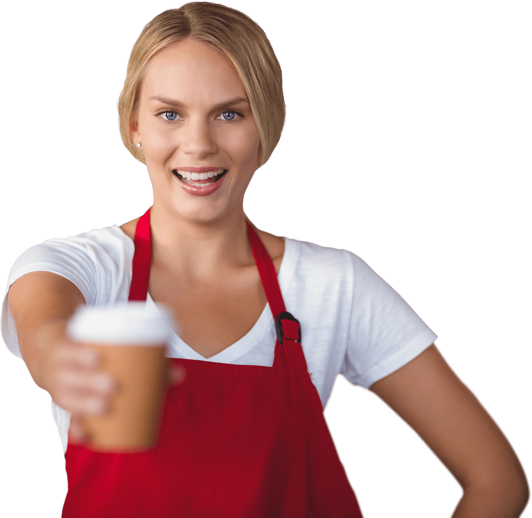 Cheerful Barista in Red Apron Offering Hot Beverage Transparent Background