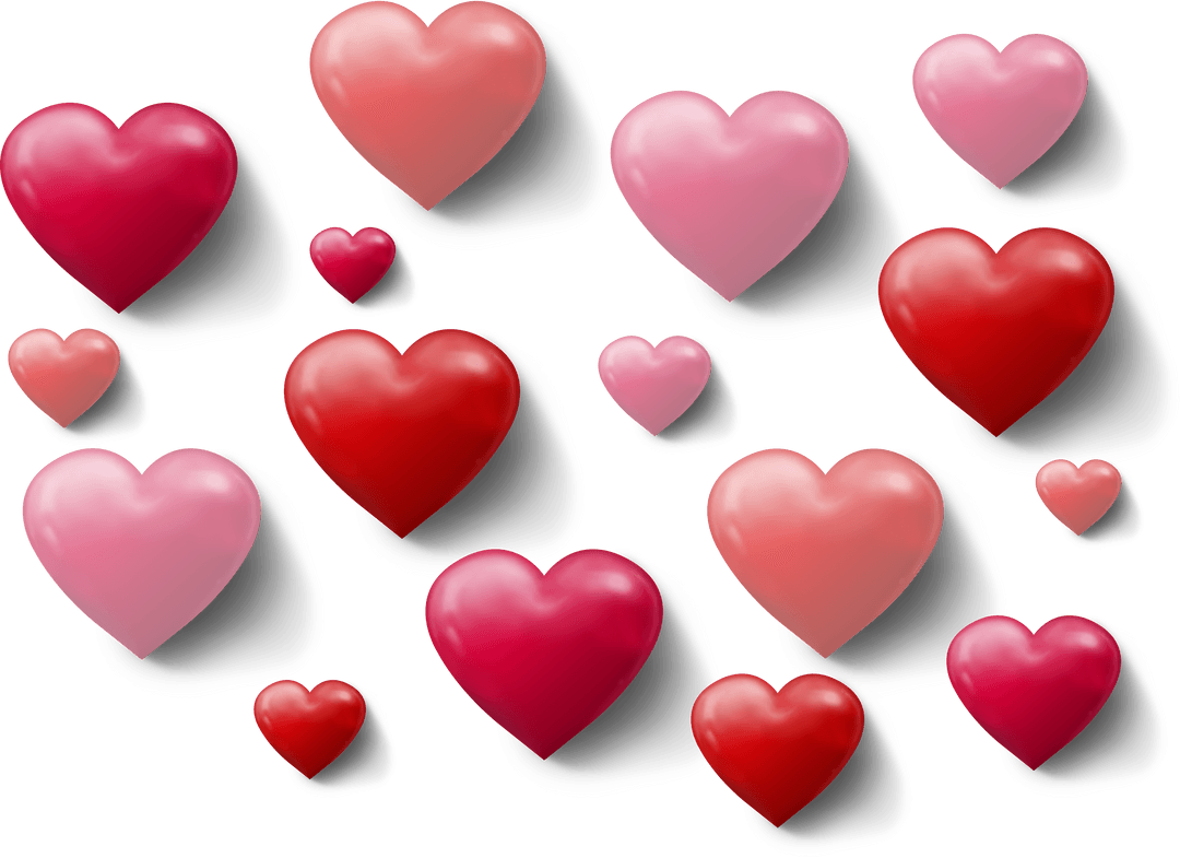 Floating Red and Pink Hearts on Transparent Background for Love Concepts