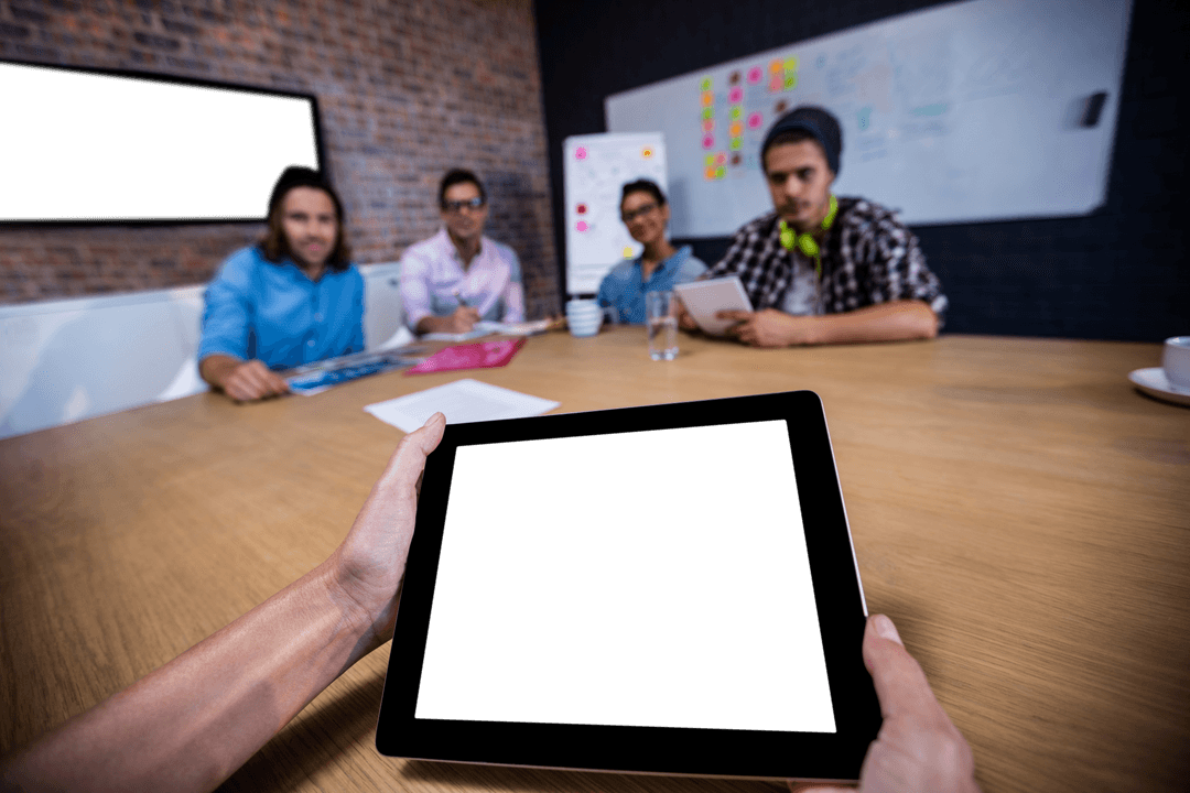 Transparent Tablet Display in Collaborative Office Meeting Scene