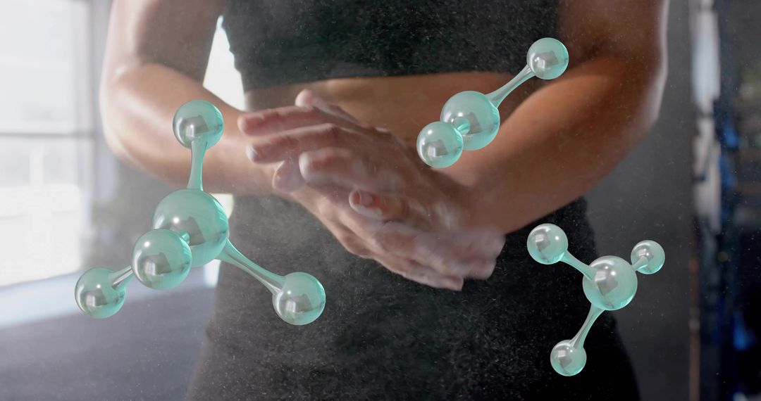 Athlete Rubbing Palms Before Workout with Teal Molecule Overlays in Home Gym Mirror Studio