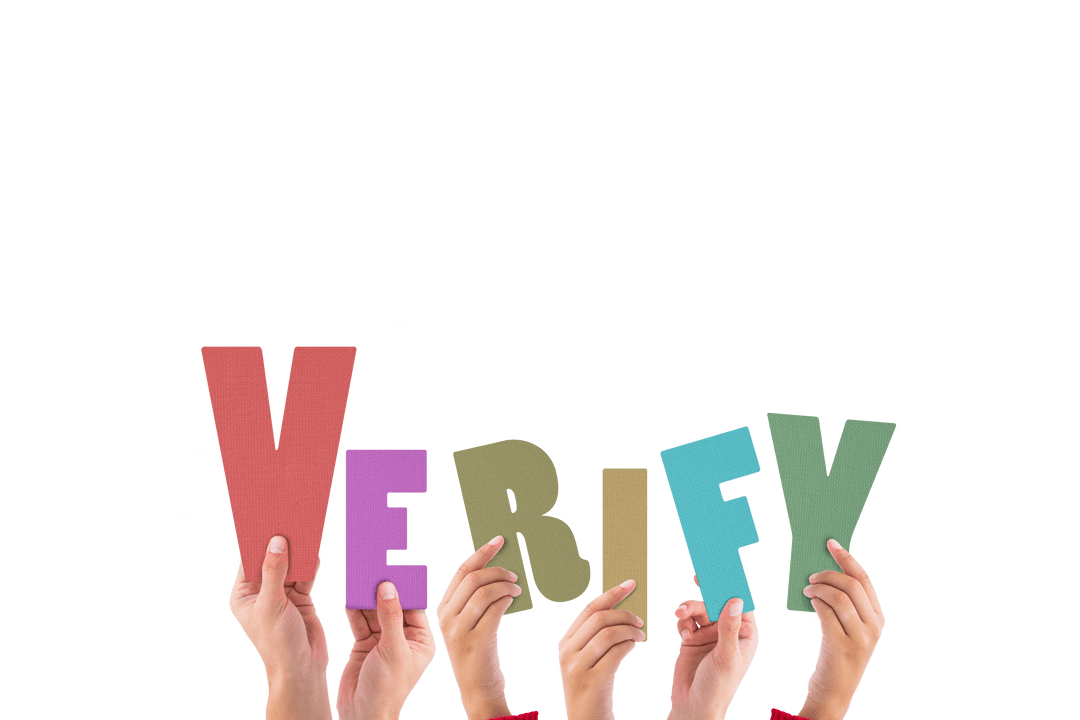Transparent Image of Hands Holding Colorful Letters Spelling 'Verify'