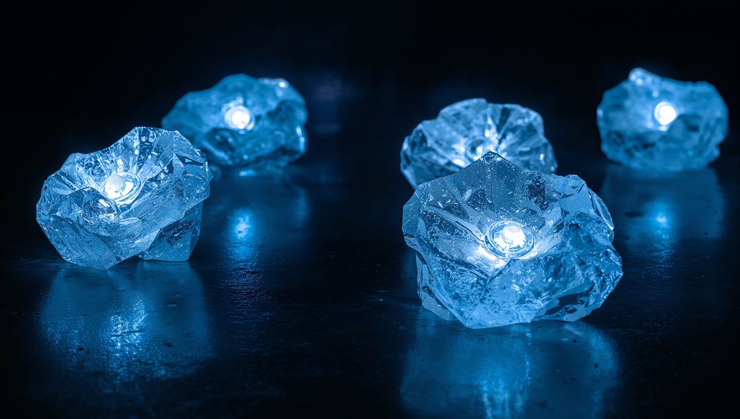 Glowing Blue Crystal LED Ornaments Reflecting on Dark Glossy Surface with Water Droplets