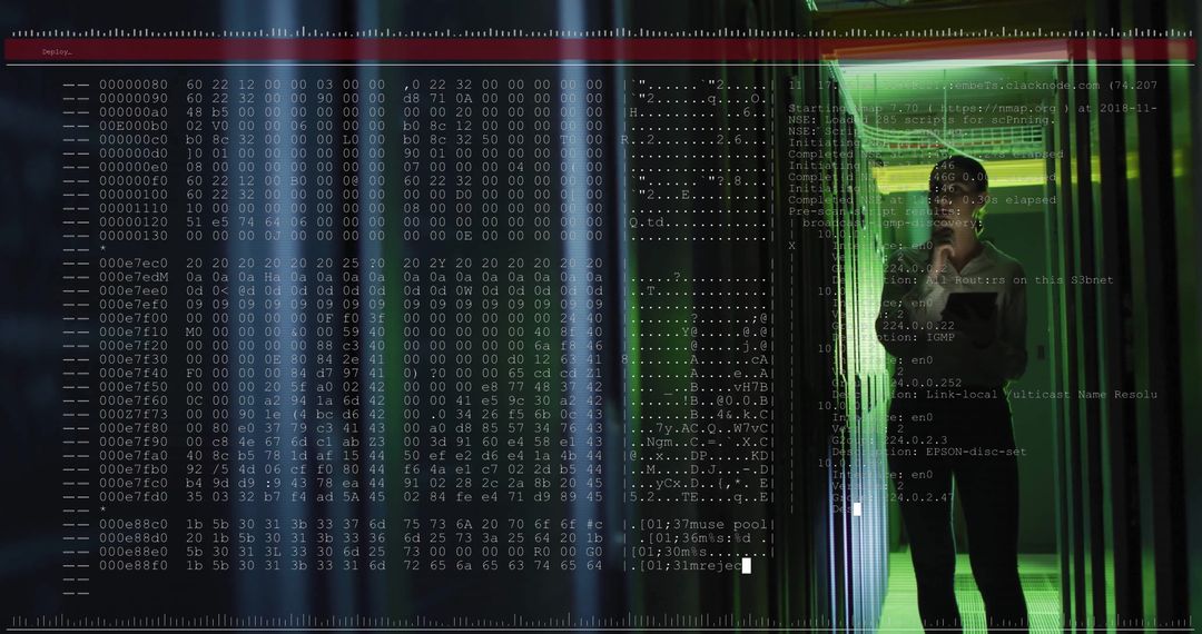 IT Specialist Monitoring Data Center with Hex Code Overlay