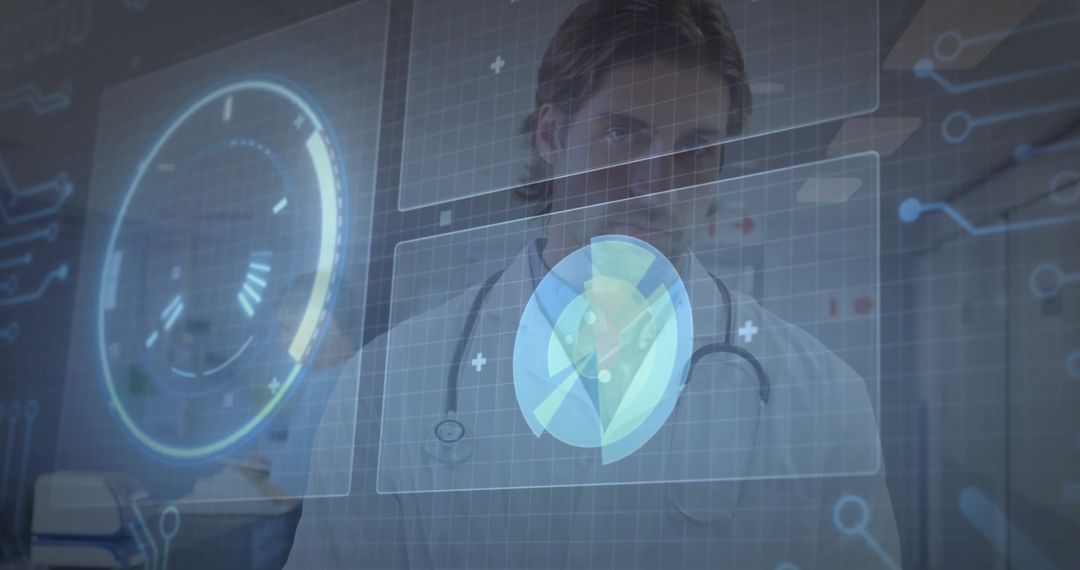 Doctor Analyzing Holographic Interface in Cutting-Edge Lab