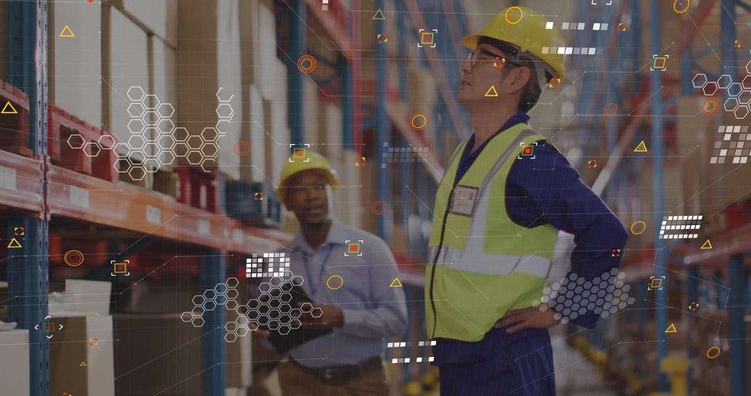 Warehouse Team Analyzing Logistics with AI Technology Overlay