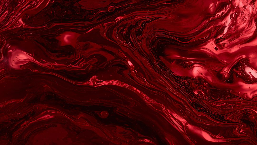 Glossy Deep-Red Liquid Marble with Flowing Veins, Swirling Texture and Microbubbles