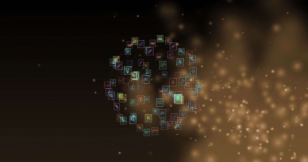 Digital Network Globe with Glowing Icons on Dark Background