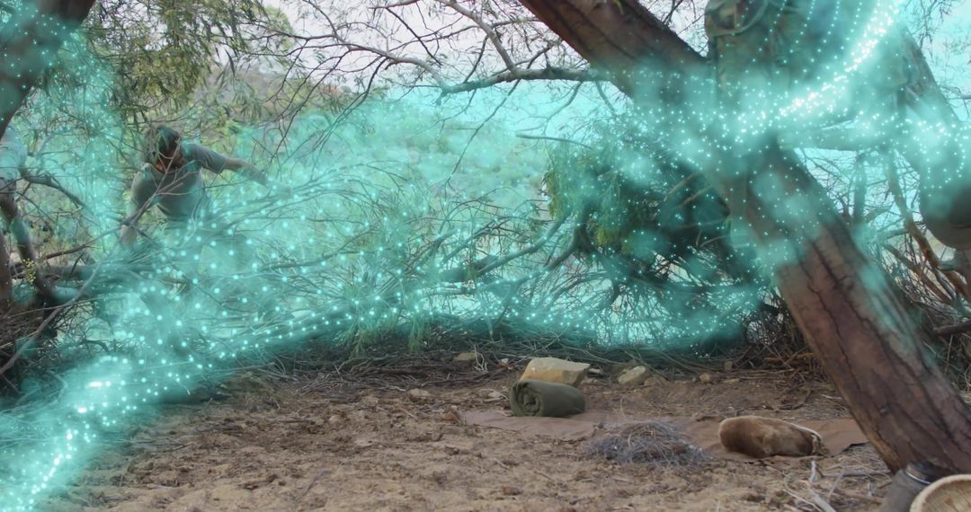 Explorer Parting Woods Surrounded by Ethereal Glowing Particles