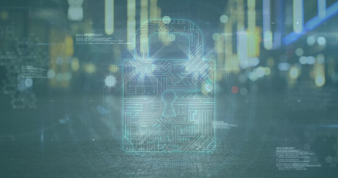 Futuristic Padlock with Circuit Design in Digital Cityscape
