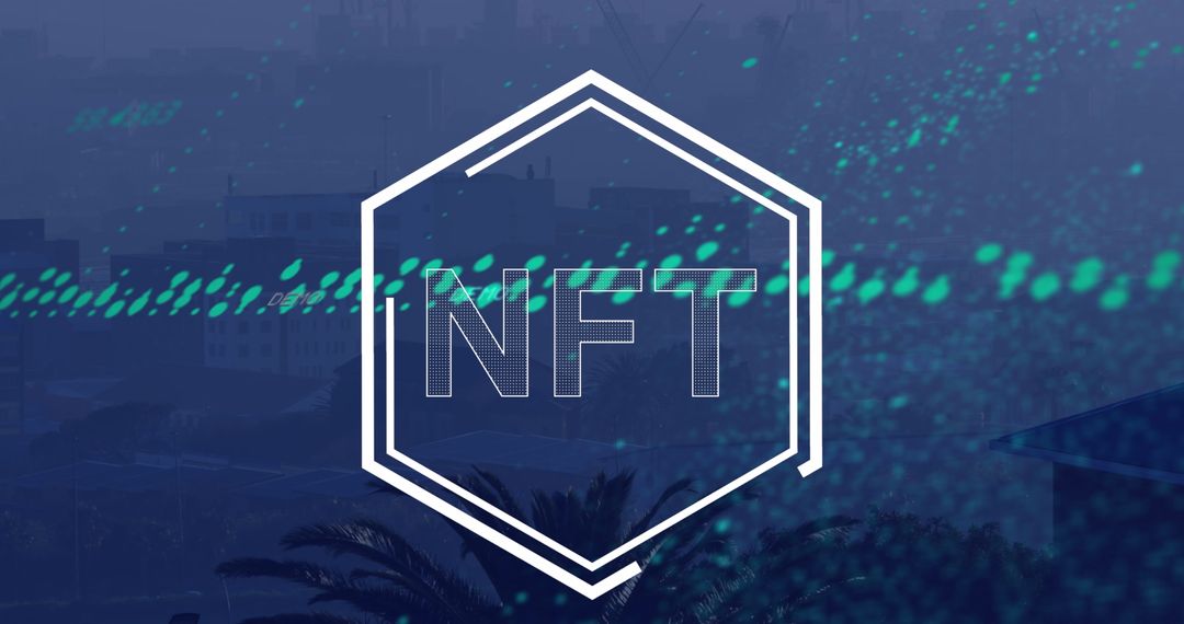 Futuristic Cityscape with NFT Graphics Overlay in Technology Concept